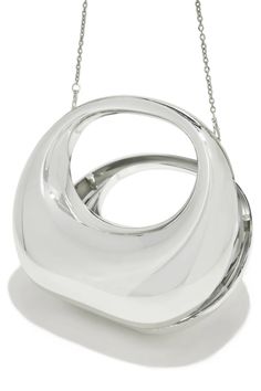 a silver object is hanging from a chain on a white background, it appears to be shaped like an interlocking ring