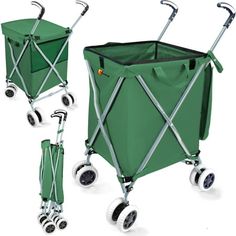 two green shopping carts with wheels and handles on each side, one is holding an umbrella