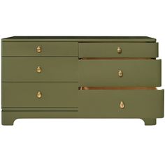 an olive green dresser with brass handles