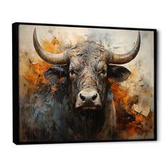 a painting of a bull with large horns on it's face, in front of a white background