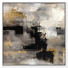 an abstract painting with black, gold and white colors on the bottom half of it