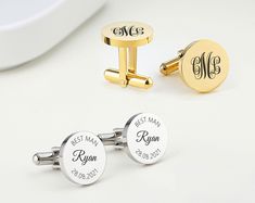 Our Personalized Cufflinks can be engraved with a date, location, monogram, initials, special message, name, etc. Makes great gifts for dad, graduates, boyfriend, grooms, and wedding parties. --------------------------------------------------------- PERSONALISE ● Please leave all of your engraving details in the Personalization box when you purchase the item. ● If you need to engraved with your handwriting, please take a clear photo in black writing with white background, and send me the photo v Groomsmen Cufflinks, Monogrammed Cufflinks, Initial Cufflinks, Mens Cufflinks, Handwriting Jewelry, Personalized Cufflinks, Black Writing, Great Gifts For Dad, Engraved Keychain