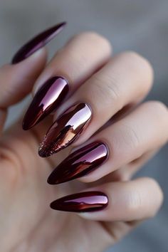 Nail Designs Wine Color, Metallic Halloween Nails, Glam Fall Nails, Fall Nails On Dark Skin, Fall Nail Designs Burgundy, Fall Chrome Nails 2024, Blackberry Nails, Autumn Color Nails, Wine Chrome Nails