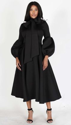 Bow Tie Dress - Foxy And Beautiful Big Bow Dress, Black Dresses Classy, Puff Sleeve Midi Dress, Bow Tie Dress, Mid Length Dress, Abayas Fashion, Mid Length Dresses, Tie Dress, Dress With Bow