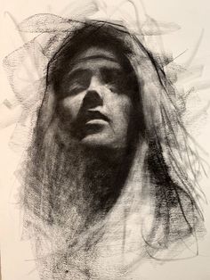 a black and white drawing of a man's face with long hair, wearing a headdress