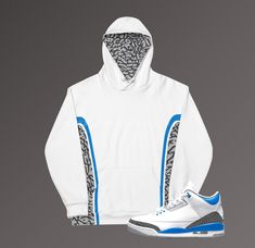 This comfy Jordan 3 Retro 'Racer Blue' unisex hoodie has a soft outside with a vibrant print, and an even softer brushed fleece inside. The hoodie has a relaxed fit, and it's perfect for wrapping yourself into on a chilly evening. It's comfortable and flattering for both men and women. This design is perfect for sneakerheads everywhere!  * 70% polyester, 27% cotton, 3% elastane * Fabric weight: 8.85 oz/yd² (300 g/m²) * Soft cotton-feel fabric face * Brushed fleece fabric inside * Double-lined ho Blue Moisture-wicking Hooded Hoodie, Blue Moisture-wicking Hoodie, Blue Moisture-wicking Hoodie For Streetwear, Blue Moisture-wicking Hoodie Sweatshirt, Blue Moisture-wicking Sweatshirt For Streetwear, Blue 3s Outfit, Racer Blue 3s Outfit, 3s Outfit, Jordan 3 Racer Blue