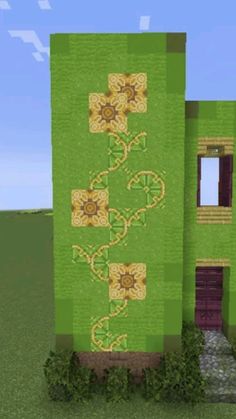 a large green building with flowers on the front and side windows, in a minecraft style