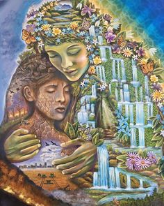 a painting of two people hugging each other in front of a waterfall with flowers on it