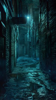 an alley way with brick walls and green light shining down the middle, surrounded by cobblestones