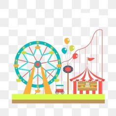 an amusement park with ferris wheel and balloons on the ground, illustration, cartoon png and psd