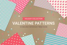 a collection of valentine patterns with hearts and dots on the edges, in different colors