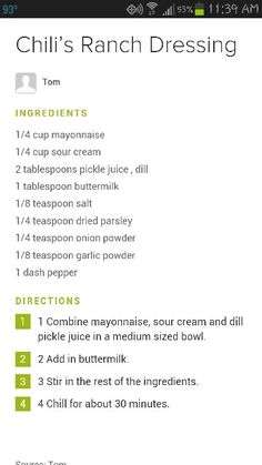 the menu for chili's ranch dressing is shown in green and black font, along with instructions on how to make it