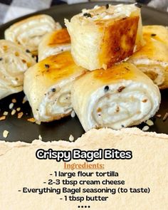 the recipe for crispy bagel bites is shown on a black plate with brown paper