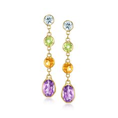 Ross-Simons - 3.00 ct. t. w. Multi-Gemstone Drop Earrings in 14kt Yellow Gold. Elevate your outfits with elegant gemstone color! Our lovely drop earrings dazzle with 3.00 ct. tot. gem wt. round and oval amethyst, sky blue topaz, peridot and citrine in 14kt yellow gold. Hanging length is 1 1/8". Post/clutch, multi-gemstone drop earrings. Peridot birthstones are the perfect gift for August birthdays. Peridot Birthstone, Gemstone Drop Earrings, Sky Blue Topaz, Gemstone Colors, Blue Topaz, Citrine, Topaz, Amethyst, Fine Jewelry