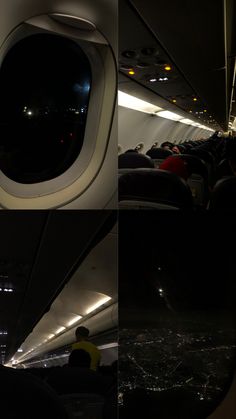 the inside of an airplane at night with people sitting in seats and looking out the window