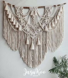 macrame wall hanging with tassels and beads on the outside, along with a potted plant