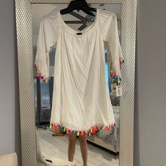 New With Tags White Dress With Neon Fringe On Ends. Spring Day Out Dress With Tassels, Spring Cotton Dresses With Tassels, Casual White Dress With Tassels, Casual White Tassel Dress, Off Shoulder Casual Dress, Strapless Denim Dress, Black Chiffon Dress, Dress With Fringe, Red Strapless Dress