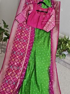 Jute Dupion Silk Bhandini Saree - Benarasi Blouse – VAVS WOMENS STOP Festive Slub Silk Blouse With Dupatta, Fitted Green Choli Straight Kurta, Bollywood Style Blouse With Dupatta In Slub Silk, Navratri Slub Silk Blouse With Dupatta, Diwali Slub Silk Blouse With Dupatta, Silk Traditional Wear With Cutdana And Long Sleeves, Multicolor Silk Blouse For Eid, Green Cotton Silk Blouse With Dupatta, Festive Multicolor Straight Kurta Blouse