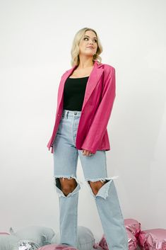 This matte faux leather jacket features a classic collared and button front fit with a slim tailored shape. Our has the look and feel of real leather and it's incredibly soft and supple, so it hangs well. Pair this easy blazer over dresses or with dress pants, or dress it down with jeans. Also available in black! runs true to size with a boyfriend cut you will love the pinstripe satin lining has some stretch model, Jordan is wearing a size small Spring Faux Leather Blazer With Button Closure, Spring Fitted Faux Leather Blazer, Spring Chic Leather Jacket With Button Closure, Spring Faux Leather Jacket With Button Closure, Chic Spring Leather Jacket With Button Closure, Sleek Blazer With Lapel Collar For Spring, Sleek Spring Blazer With Lapel Collar, Trendy Leather Jacket With Lapel Collar For Spring, Spring Faux Leather Single Breasted Jacket