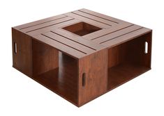 a square wooden table with two holes in the center