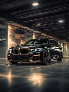 a black car parked in an empty parking garage with lights shining on the floor and ceiling