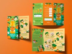 an orange and green brochure is shown on top of two other brochures