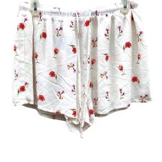 New With Tags White Floral Flowy Shorts With Drawstring Lined Elasticized Waist Waist: Approximately 15 Inches Across But Stretchy 100% Rayon B4 White Floral Print Loungewear Bottoms, White Summer Sleepwear With Elastic Waistband, White Summer Pajama Shorts For Loungewear, Spring Vacation Sleepwear In Short Length, White Pajama Shorts For Summer Loungewear, Summer Floral Pajama Shorts For Daywear, White Floral Print Pajama Shorts For Loungewear, White Floral Print Beach Shorts, White Spring Sleepwear With Elastic Waistband