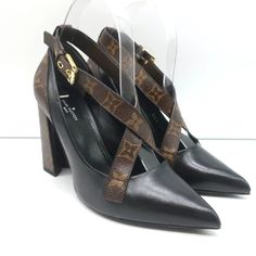 Louis Vuitton Matchmake Pumps Brown Monogram Canvas & Black Leather Size 37.5 Barely Worn. Great Condition. No Major Wear To Speak Of. Does Not Come With Box Or Dustbag. Fits Like A Us 7 -**- Insole 9 3/8" Specific Heel Height 3 7/8" Luxury Leather Heels, Designer Ankle Strap Heels For Business, Luxury Calf Leather Heels, Designer Black Heels For Business, Luxury Black Heels For Business, Luxury Black Business Heels, Louis Vuitton Heels Brown, Shoes Louis Vuitton, Leopard Print Leather Heels With 4-inch Heel