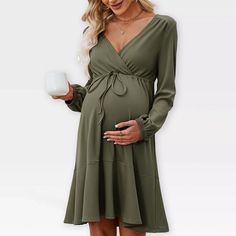 Womens Maternity Dress V Neck Long Sleeve Tie Waist Flowy Dress Midi Dress For Baby Shower Photography Fall Outfits For Maternity,army Green - M : Target Midsize Maternity Fashion, Flowy Dress Photography, Flowy Fall Dresses, Fall Maternity Dress, Cute Maternity Clothes, Shower Photography, Maternity Dresses For Baby Shower, Long Sleeve Maternity Dress, Maternity Long Dress