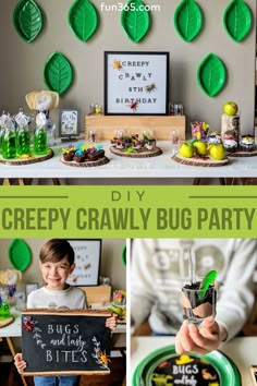 this is a collage of photos with the words diy creepy crawly bug party