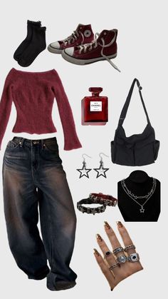 Style Types Names, Cherry Grunge Outfit, Red Grunge Clothes, Grunge Red Outfit, Dark Red Outfit Aesthetic, Red Grunge Outfit, Dark Red Outfit, Dark Grunge Outfits, Vintage Style Aesthetic