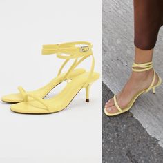 Heeled Leather Sandals. Tubular Straps At Front. Buckled Ankle Strap Closure. Heel Height: 2.6 Inches (6.5 Cm) Yellow | 2311/410 Composition Upper 100% Goat Leather Sole 100% Rubber Insole 100% Goat Leather Kitten Heel Wrap Strappy Light Yellow Wedding Guest Spring Pointed Toe Heels With Strap, Summer Leather Heels With 4-inch Heel, Yellow Sandals For Formal Spring Events, Yellow Formal Sandals For Spring, Elegant Yellow Heels For Summer, Elegant Yellow Summer Heels, Spring Sandals With 4-inch Heel And Single Toe Strap, Chic Pointed Toe Strap Sandals, Spring Strap Open Heel Shoes