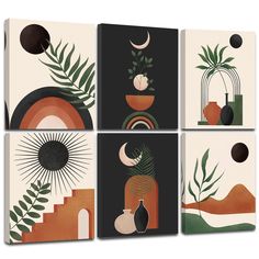 four canvases with plants and vases on them in different shapes, sizes and colors