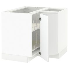 a white cabinet with two doors open on an isolated white background, showing the bottom part of the cabinet