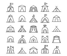 a set of line icons depicting different types of tents, buildings and other things that can be seen in this image