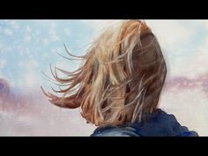 a painting of a boy with long hair looking out at the snow and clouds in the sky