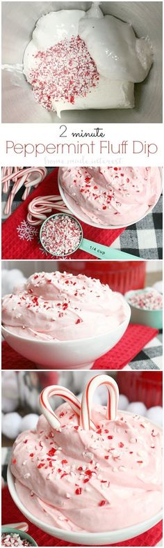 three different pictures of peppermint fluff dip with candy canes on top