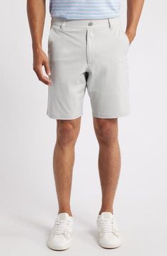 Take on off-duty days in nylon chino shorts made with plenty of stretch to keep you moving. Faux fly Front slant pockets; back welt pockets 75% nylon, 25% spandex Machine wash, tumble dry Imported Casual Spring Golf Bottoms, Solid Golf Bottoms For Spring, Casual Golf Shorts For Spring, Casual Golf Bottoms With Side Pockets, Nordstrom Store, Chino Shorts, Off Duty, Welt Pockets, Welt Pocket