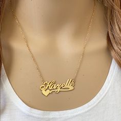 Description: 925 Sterling Silver Gold Plated Name Plate Heart Necklace - Hazelle (Double Thick Name Plate) Item No.: C01 Metal Type: Guaranteed .925 Sterling Silver With Stamped 925 Finish: 14k Gold Over Sterling Silver Measurement: 18 Inches. Pendant: 1.75 X 0.75" Brand New. Never Worn Elegant Custom Name Heart Necklace For Anniversary, Personalized Heart Nameplate Necklace, Silver Heart Pendant Name Necklace As Gift For Her, Sterling Silver Name Necklace As A Gift For Her, Elegant Double Heart Custom Name Jewelry, Elegant Double Heart Custom Name Necklace, Elegant Custom Name Double Heart Necklace, Silver Double Heart Name Necklace, Sterling Silver Nameplate Heart Necklace For Anniversary