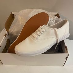 Brand New With Box White Canvas Lace-up Sneakers, White Lace-up Canvas Shoes With Cushioned Footbed, Cream Cotton Lace-up Canvas Shoes, Vintage White Lace-up Canvas Shoes, Comfortable Canvas Slip-on Sneakers With Cushioned Footbed, Keds Shoes, Keds, Womens Sneakers, Canvas Size