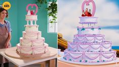 a woman standing next to a large cake