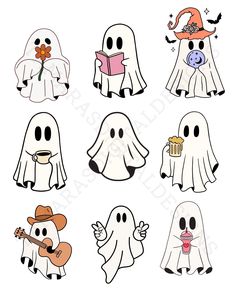 halloween ghost cliparts with different faces and body shapes, all in various colors