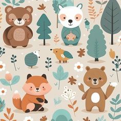 an animal themed wallpaper with bears and other animals in the woods, including trees