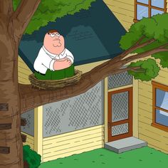 a cartoon character sitting on top of a tree branch in front of a house with a bird's nest