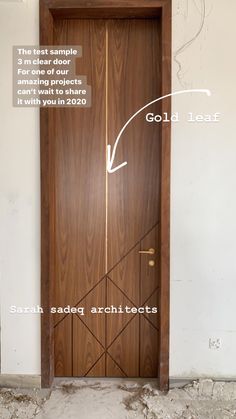 an open wooden door with the words gold leaf on it and arrows pointing to each other