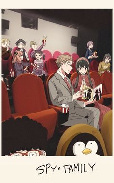 an image of people sitting in the audience watching movies with penguin and penguin - like characters