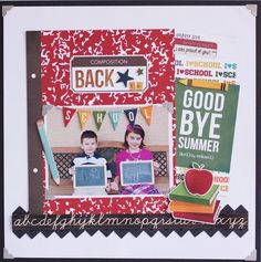 a scrapbook page with an apple and two children holding school supplies in front of them