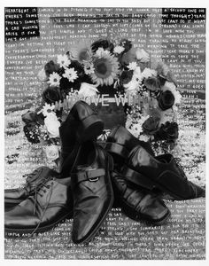 black and white photograph of three pairs of shoes with flowers in the background that says we love you