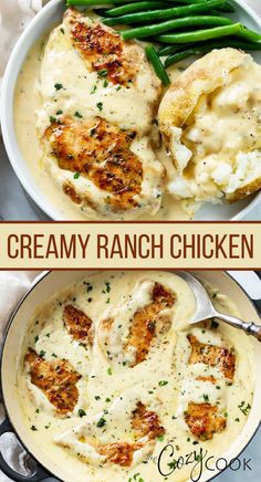 Ranch Chicken in a creamy sauce in a skillet and on a plate with a baked potato. Cheap Light Dinner Ideas, Chicken Dinner Recipes Easy, Creamy Ranch Chicken, Easy Chicken Dinner, Creamy Ranch, Dinner Recipes Easy, Salad Pasta, Easy Chicken Dinner Recipes, Health Dinner