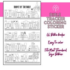 the bible tracker coloring sticker is shown in black and white, with pink border